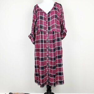 Torrid size 2 Fit&Flare Plaid Red Dress Button Front Roll Tab Sleeve/Long sleeve